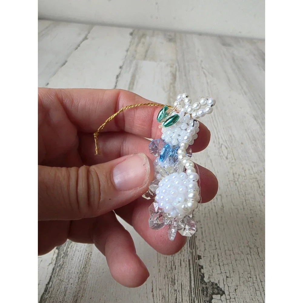 Vintage beaded cat mouse ornament mini pearls Xmas tree mouse